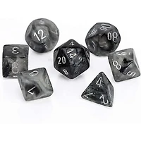 7 dés polyédriques Borealis Luminary - Gris fumée avec chiffres argent