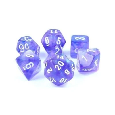 7 dés polyédriques Borealis Luminary - Violet avec chiffres blancs