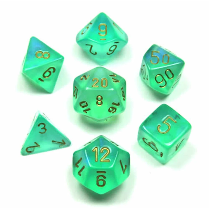 7 dés polyédriques Borealis Luminary - Vert pâle avec chiffres dorés