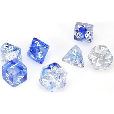 7 dés polyédriques Nebula bleu foncé avec chiffres blancs