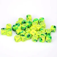 36 dés 6 12mm Gemini vert/jaune avec points argentés