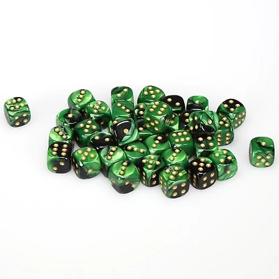 36 dés 6 12mm Gemini noir/vert avec points dorés