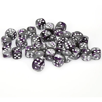 36 dés 6 12mm Gemini violet/acier avec points blancs
