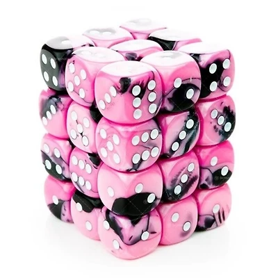 36 dés 6 12mm Gemini noir/rose avec points blancs