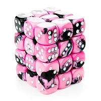 36 dés 6 12mm Gemini noir/rose avec points blancs