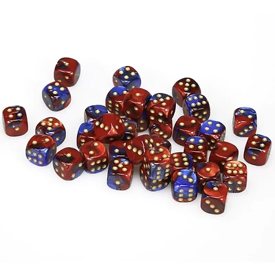 36 dés 6 12mm Gemini bleu/rouge avec points dorés