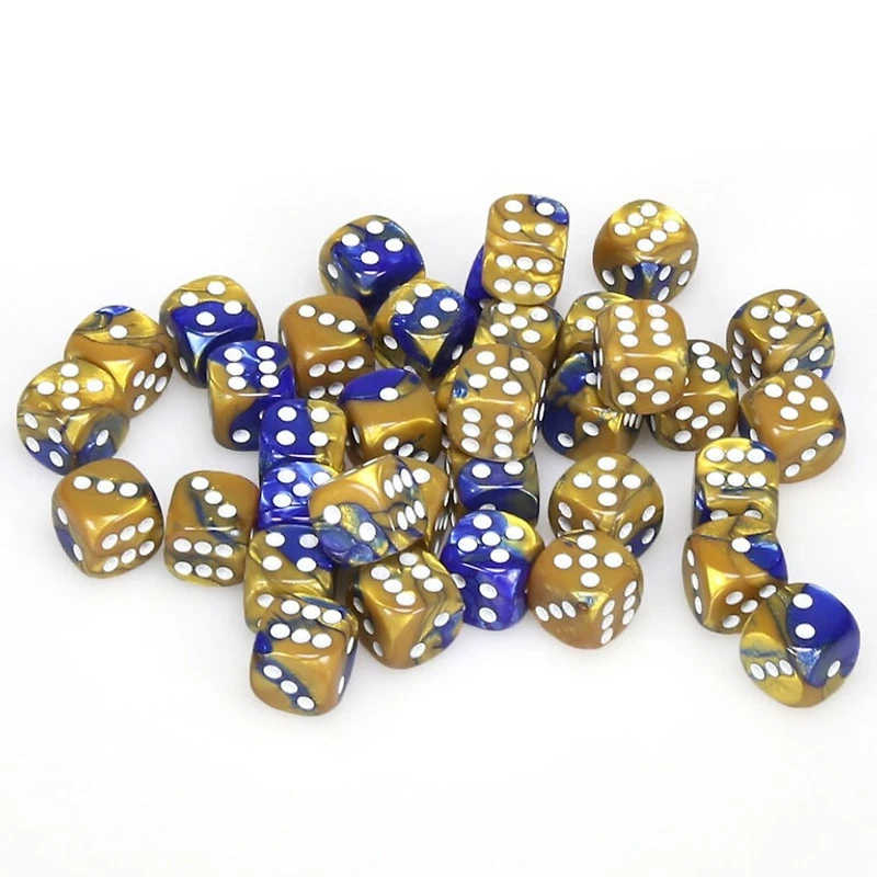 36 dés 6 12mm Gemini bleu/or avec points blancs