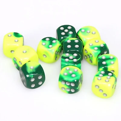 12 dés 6 16mm Gemini vert/jaune avec points argentés