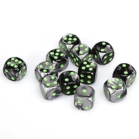 12 dés 6 16mm Gemini noir/gris avec points verts