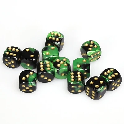 12 dés 6 16mm Gemini noir/vert avec points dorés