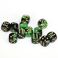 12 dés 6 16mm Gemini noir/vert avec points dorés