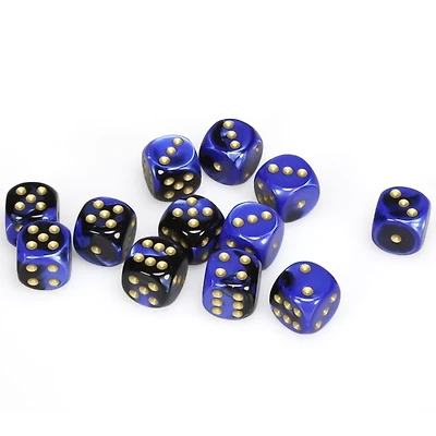 12 dés 6 16mm Gemini noir/bleu avec points dorés