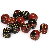 12 dés 6 16mm Gemini noir/rouge avec points dorés