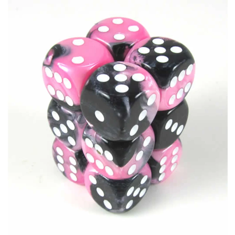 12 dés 6 16mm Gemini noir/rose avec points blancs