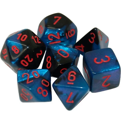 7 dés polyédriques Gemini ciel noir étoilé avec chiffres rouges