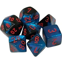 7 dés polyédriques Gemini ciel noir étoilé avec chiffres rouges