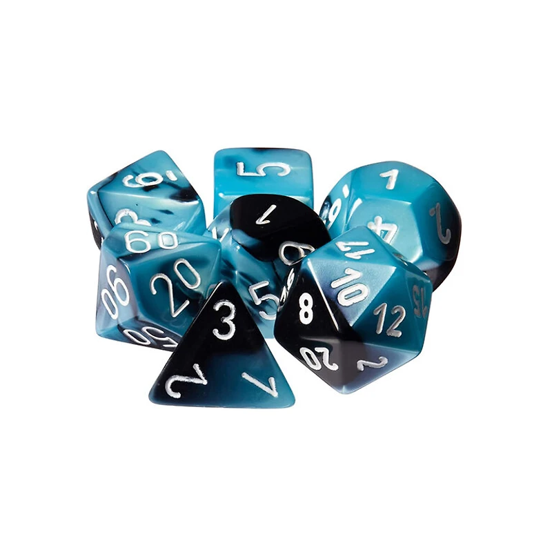 7 dés polyédriques Gemini noir/sarcelle nacré avec chiffres blancs