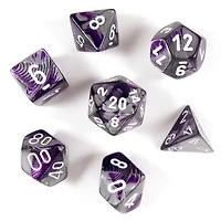 7 dés polyédriques Gemini violet/acier avec chiffres blancs