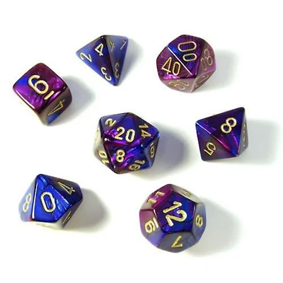 7 dés polyédriques Gemini bleu/violet avec chiffres dorés
