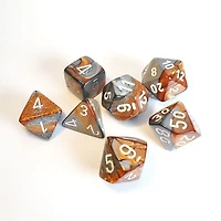7 dés polyédriques Gemini cuivre/acier avec chiffres blancs