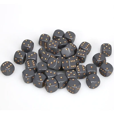 36 dés 6 12mm opaques gris foncé avec points cuivrés