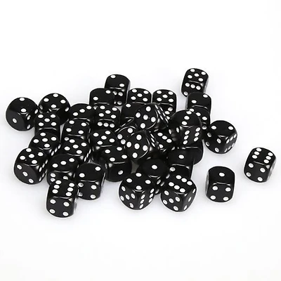 36 dés 6 12mm opaques noir avec points blancs