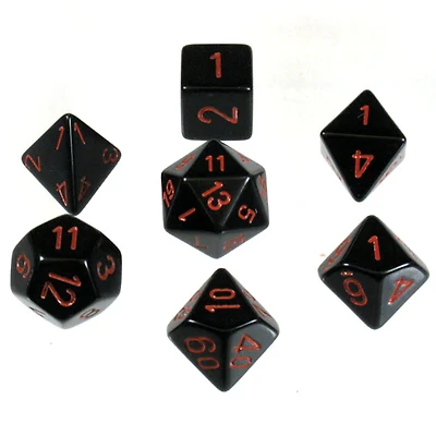 7 dés polyédriques opaques noir avec chiffres rouges