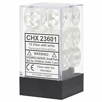 12 dés 6 16mm transparents clair avec points blancs