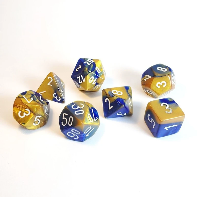 7 dés polyédriques Gemini bleu/or avec chiffres blancs
