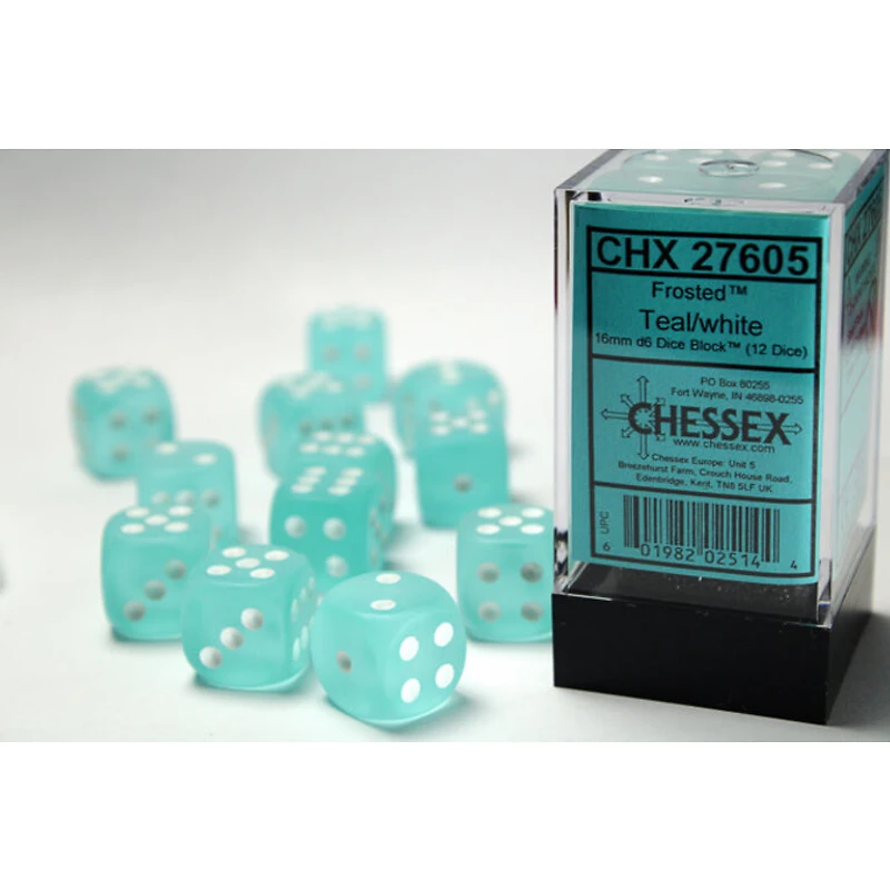 12 dés 6 16mm Givré - Sarcelle avec points blancs