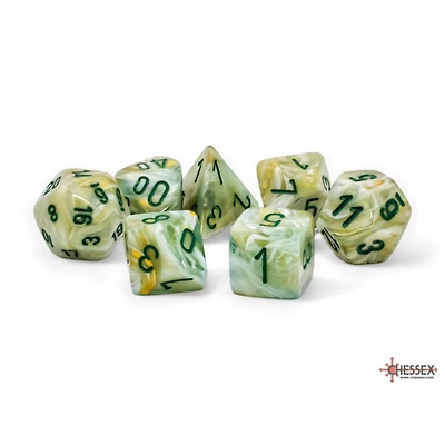 7 dés polyédriques marbrés verts avec chiffres vert foncé - Méga-Hedral