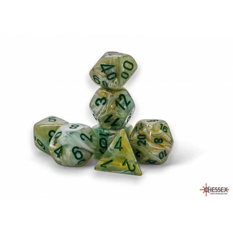 7 dés polyédriques marbrés verts avec chiffres vert foncé - Méga-Hedral