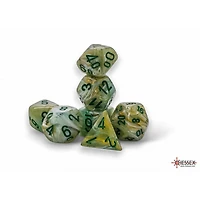 7 dés polyédriques marbrés verts avec chiffres vert foncé - Méga-Hedral