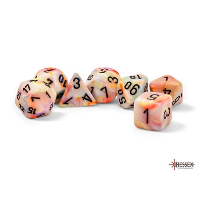 7 dés polyédriques Festive Circus avec chiffres noirs - Méga-Hedral