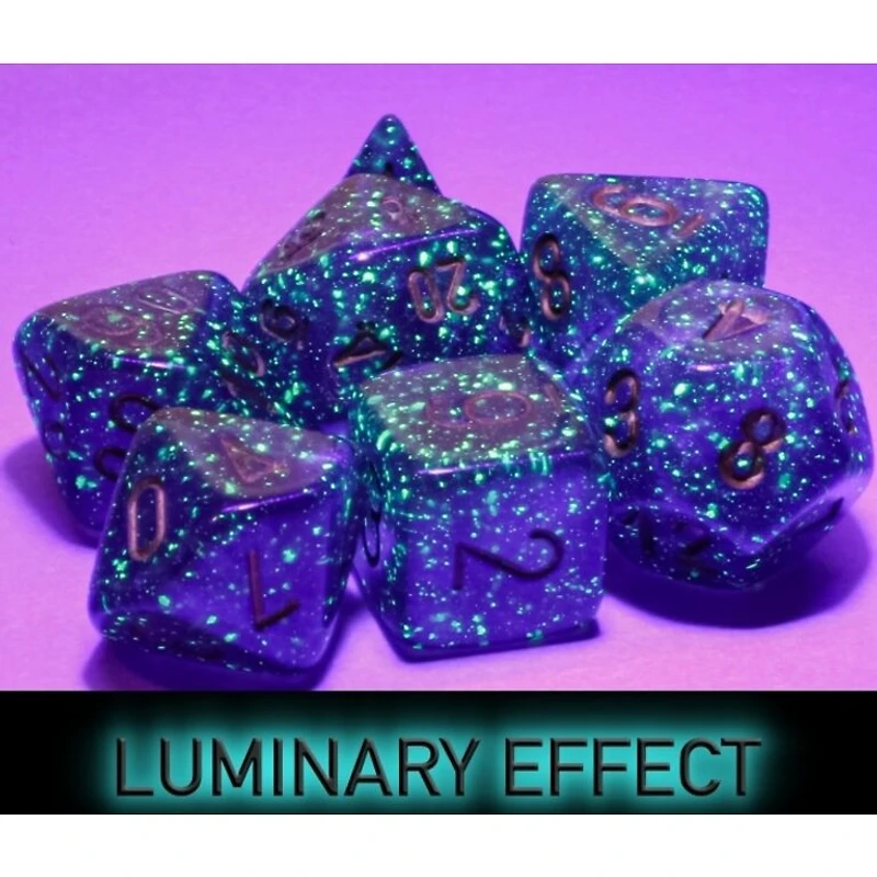 7 dés polyédriques Borealis Luminary - Violet Royal avec chiffres dorés - Méga-Hedral