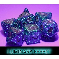 7 dés polyédriques Borealis Luminary - Violet Royal avec chiffres dorés - Méga-Hedral