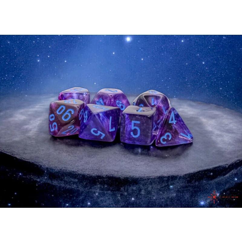 7 dés polyédriques Nebula Luminary nocturne avec chiffres bleus - Méga-Hedral