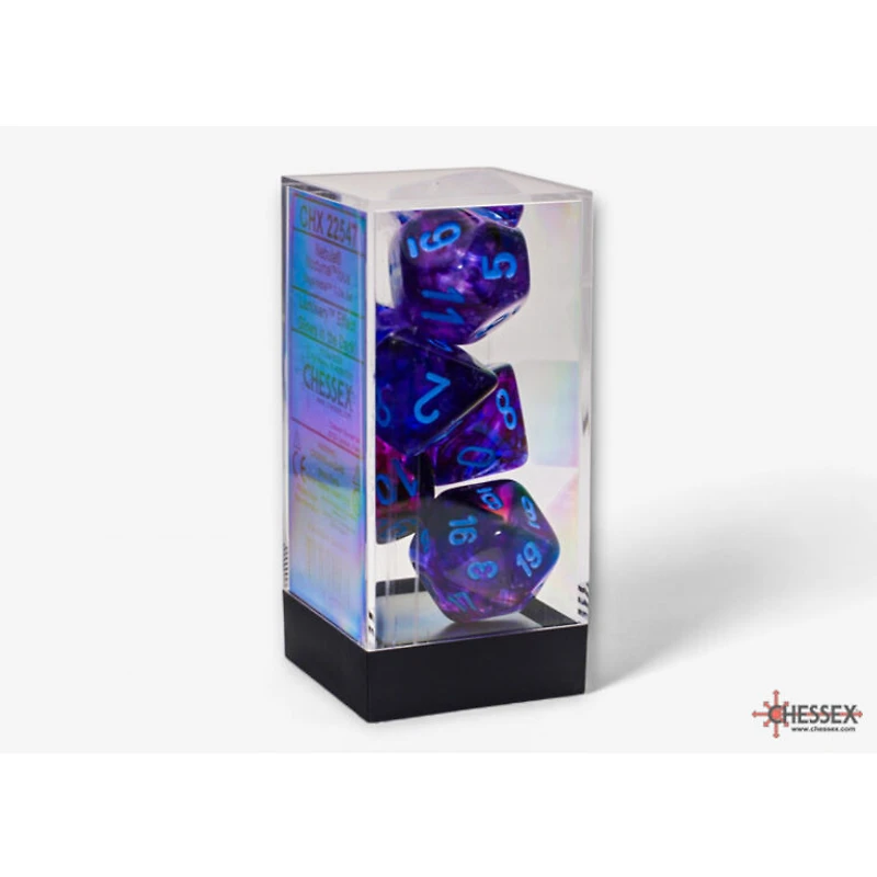 7 dés polyédriques Nebula Luminary nocturne avec chiffres bleus - Méga-Hedral