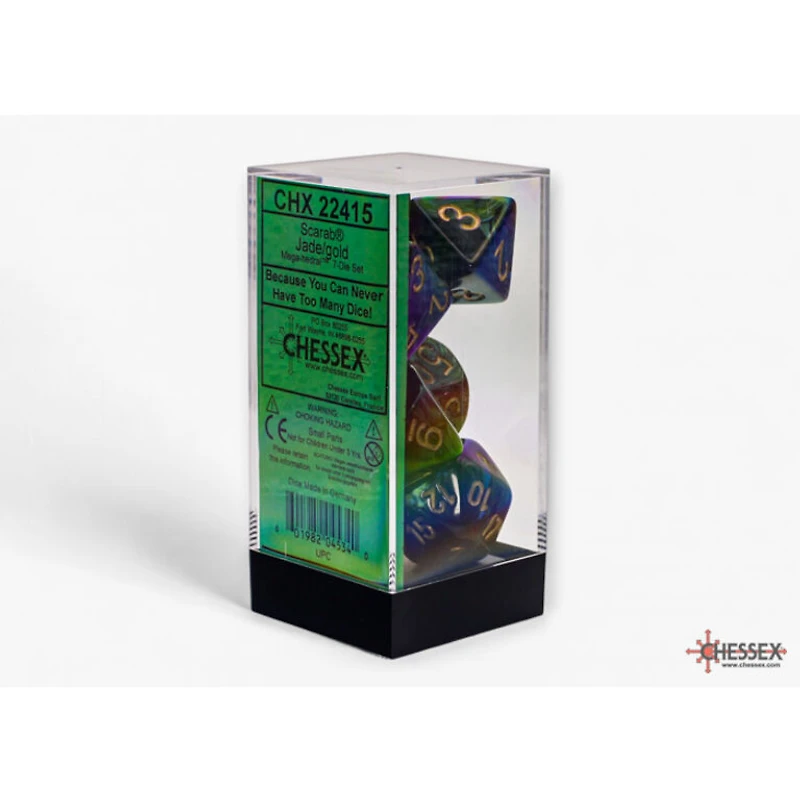 7 dés polyédriques Scarab - Ja avec chiffres dorés - Méga-Hedral