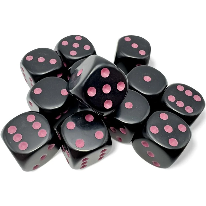 12 dés 6 16mm opaques noir avec points rose