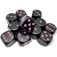 12 dés 6 16mm opaques noir avec points rose