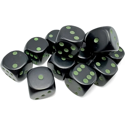 12 dés 6 16mm opaques noir avec points verts