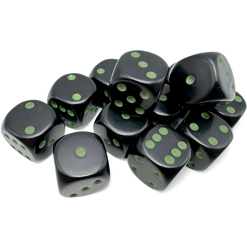 12 dés 6 16mm opaques noir avec points verts