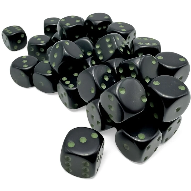 36 dés 6 12mm opaques noir avec points verts