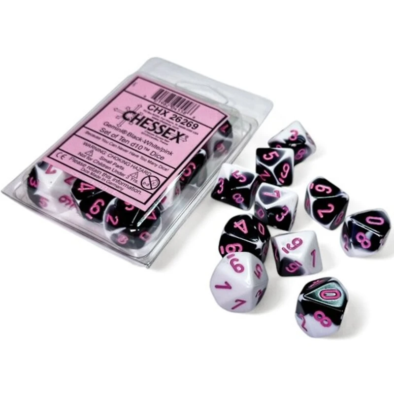 10 dés 10 Gemini noirs/blancs avec chiffres roses
