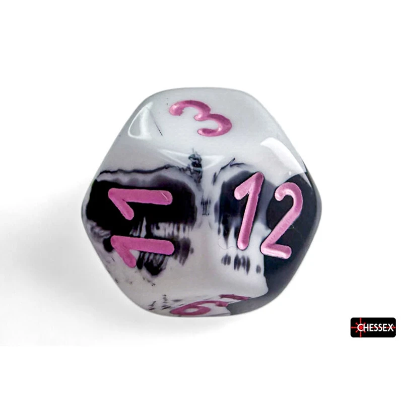 7 dés polyédriques Gemini noirs/blancs avec chiffres roses
