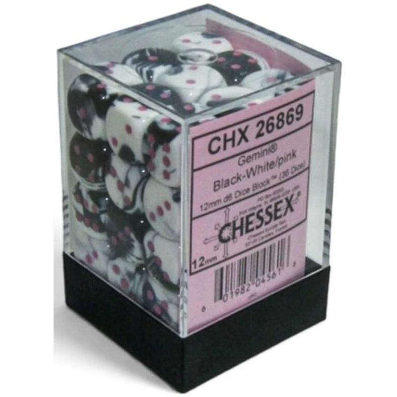 36 dés 6 12mm Gemini noirs/blancs avec points roses