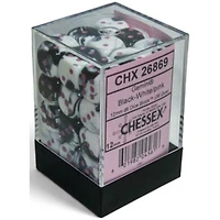 36 dés 6 12mm Gemini noirs/blancs avec points roses