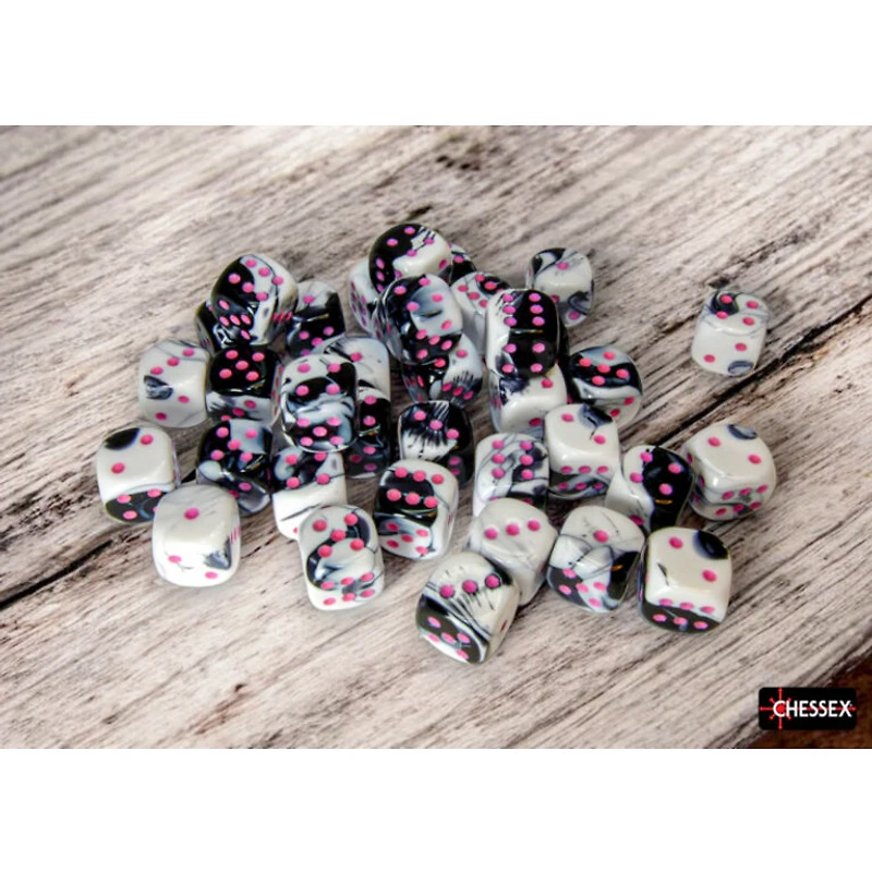 36 dés 6 12mm Gemini noirs/blancs avec points roses