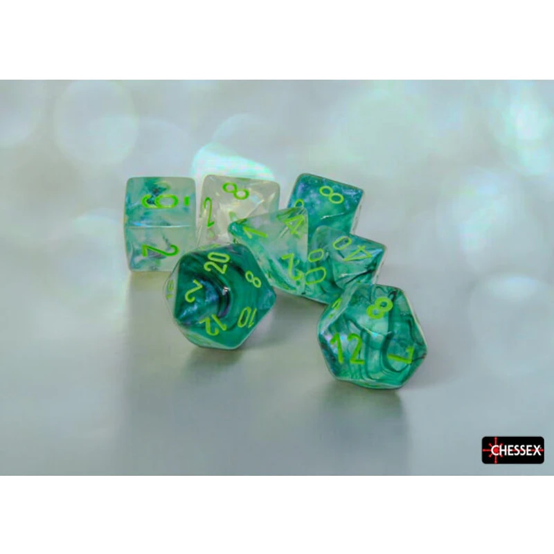 7 dés polyédriques Borealis Luminary kelp avec chiffres verts pâles